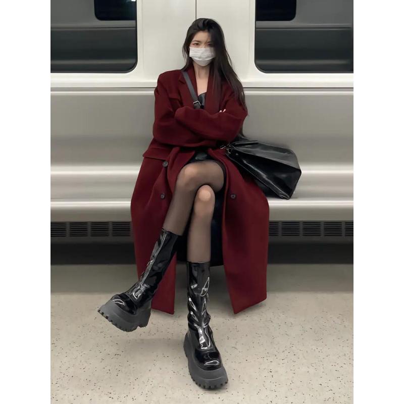 复古红色呢子大衣女秋冬新款韩系小个子宽松高级感中长款毛呢外套