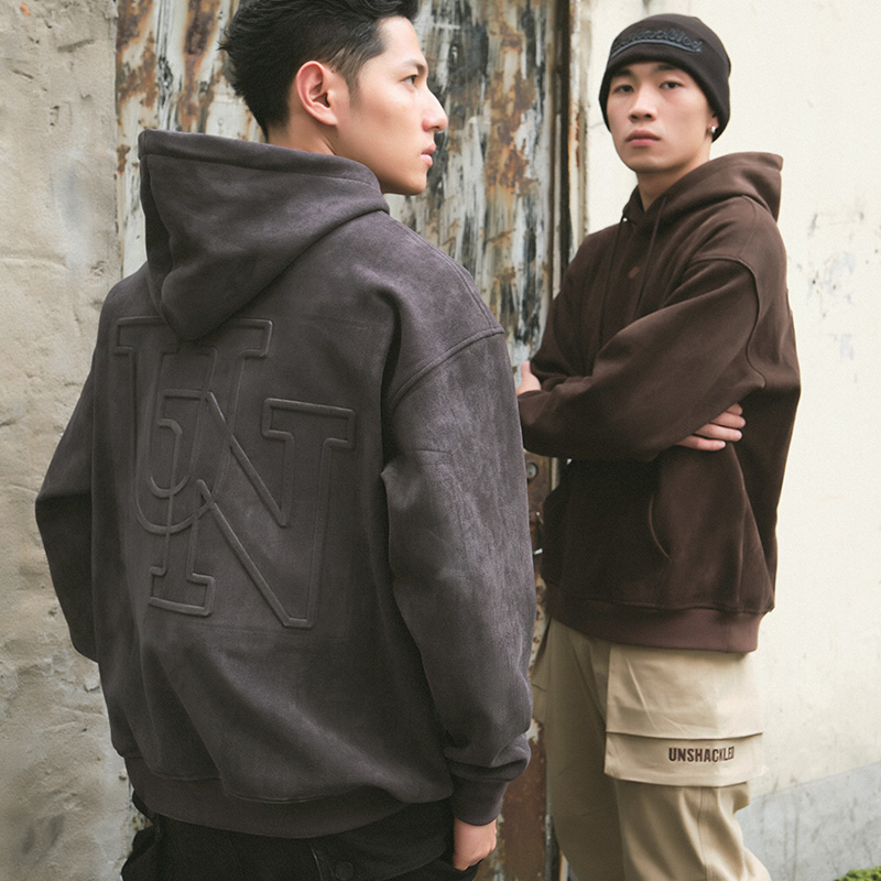 UNSHACKLED潮牌美式重磅街头麂皮帽衫连帽卫衣男秋冬宽松外套杨政