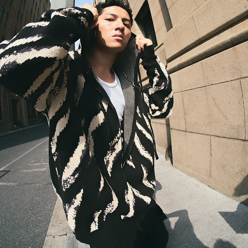 UNSHACKLED潮牌美式斑马条纹开衫针织衫男女亚翰连帽拉链毛衣杨政