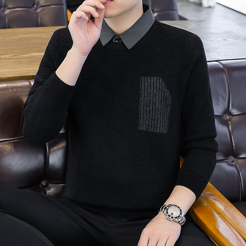 2023新款爆款保暖打底加绒秋冬时尚加厚假两件毛衣男衬衫长袖休闲
