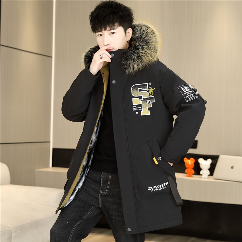 新款爆款男士秋冬修身保暖学生韩版男衣加绒加厚冬男长款棉服时尚