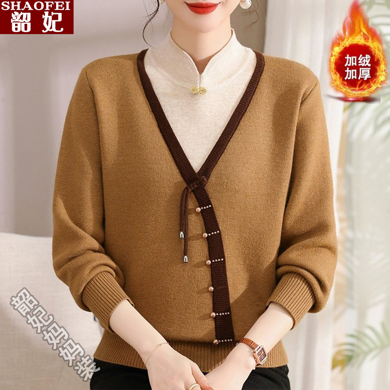 妈妈秋冬装加绒加厚毛衣女保暖打底衫中老年新中式假两件针织上衣