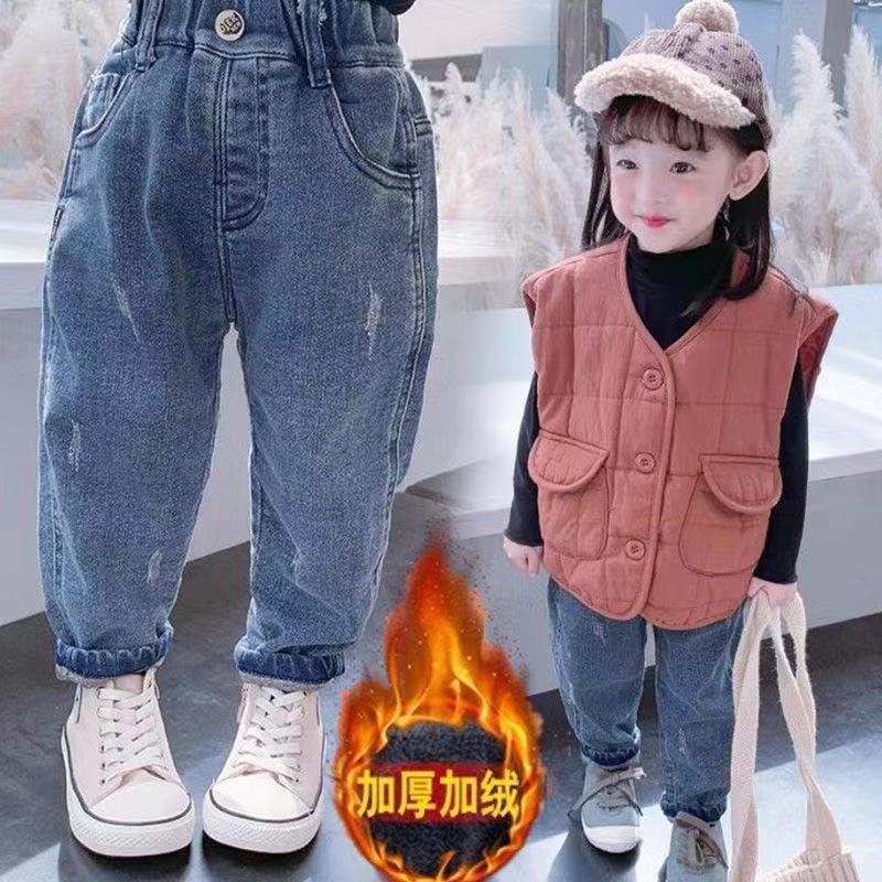 女童牛仔裤加绒加厚2023秋冬装新款小宝宝裤子儿童外穿一体绒长裤