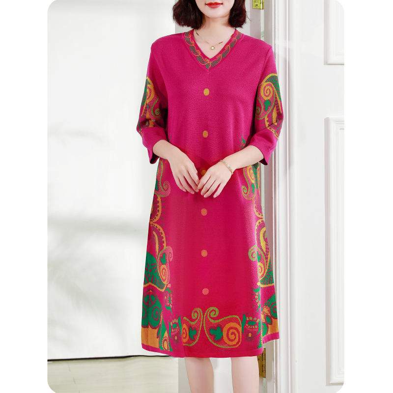 [TL13]春秋V领中袖女士气质针织提花连衣裙优雅女装 C2408801 -1