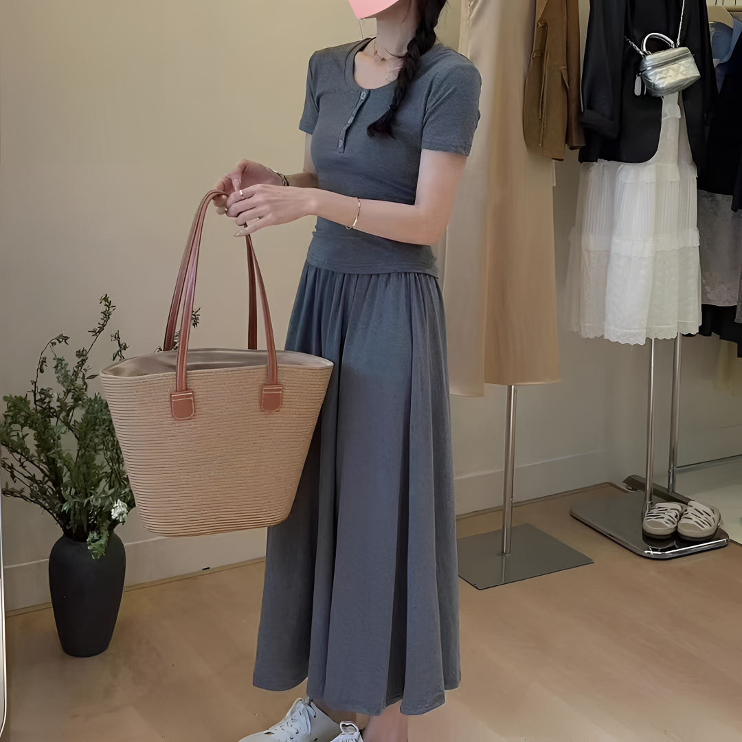 盐系轻熟风两件套装裙圆领短袖上衣长款半裙女显瘦气质洋气时尚锦