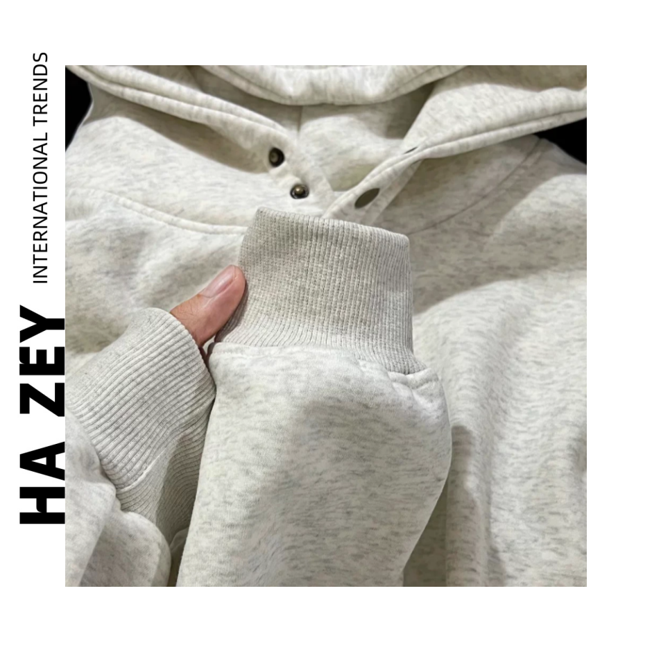 C75花灰色卫衣男女2024新秋冬加绒加厚连帽重磅美式纽扣纯色长袖