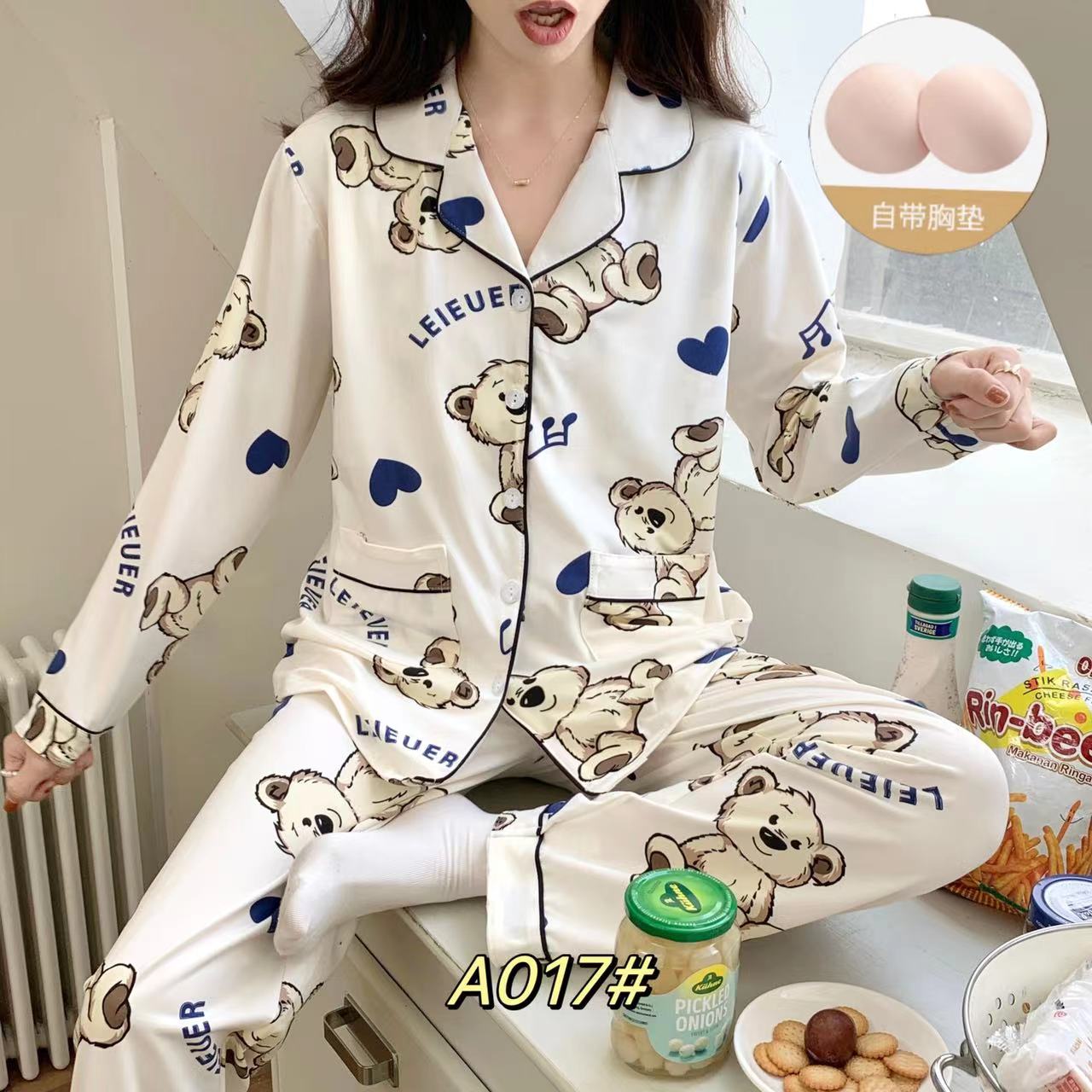 【退货包运费】可拆卸胸垫加大长袖印花家居服睡衣秋冬