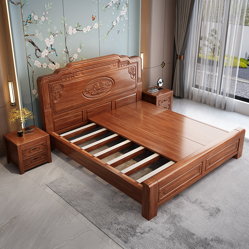 花开富贵全实木雕花主卧床双人床家用大床新中式客厅实木床
