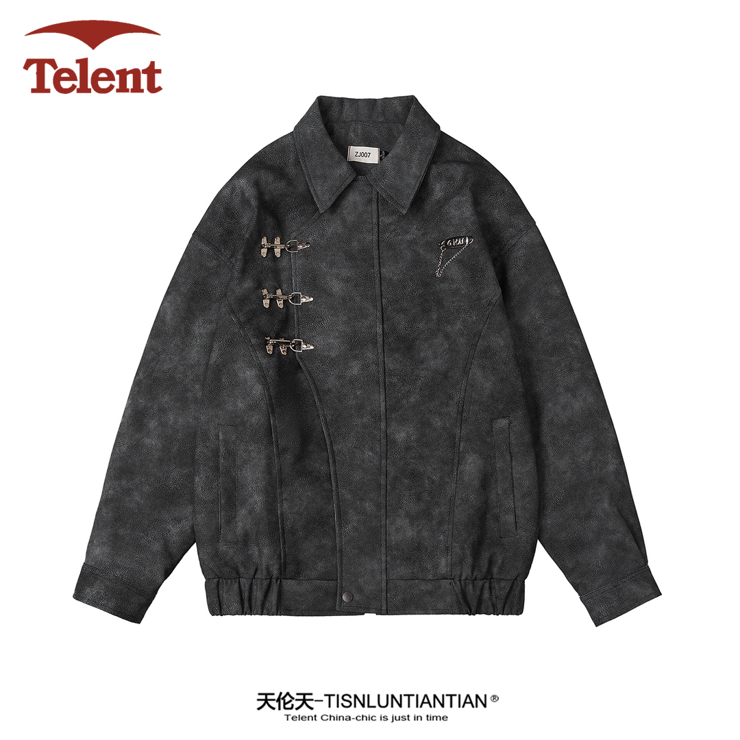 外套男女美式复古水洗PU皮春秋季时尚潮牌街头设计感情侣休闲夹克