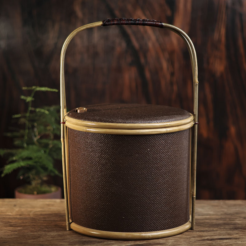 大漆藤席圆形提篮手提篾编玻璃内套组