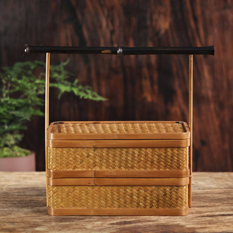 【细物慢造】紫竹把手长方形竹编带盖双层小提篮 XJTC212