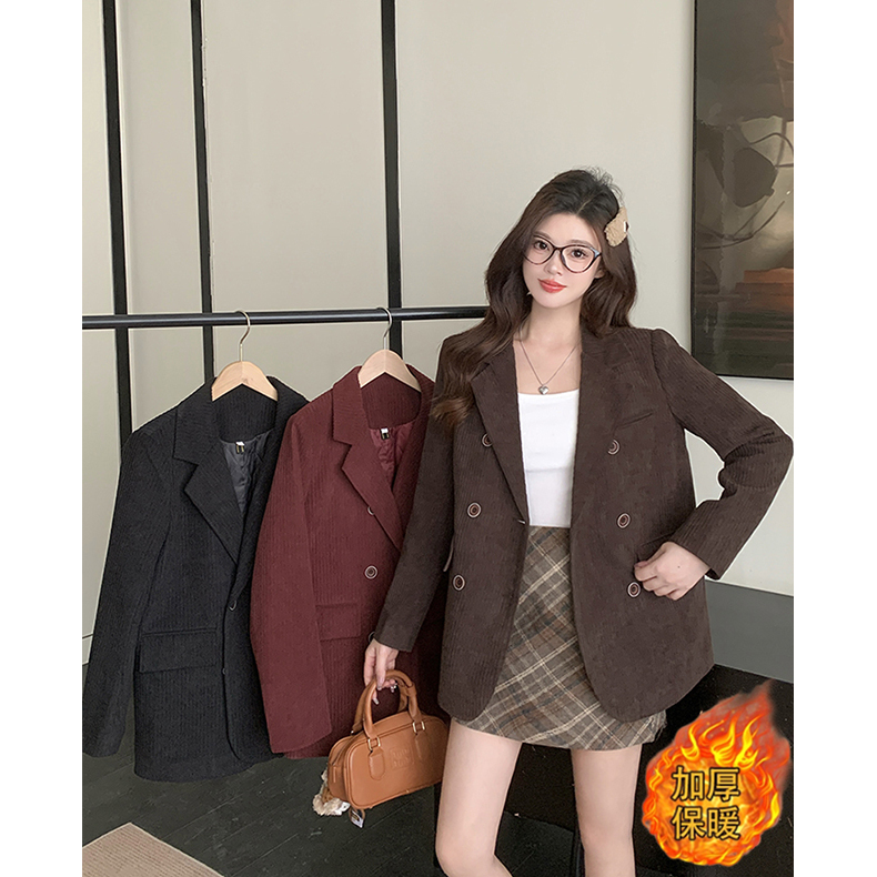 2024冬装大码女灯芯绒夹棉西装外套胖mm复古美拉德保暖西服63725