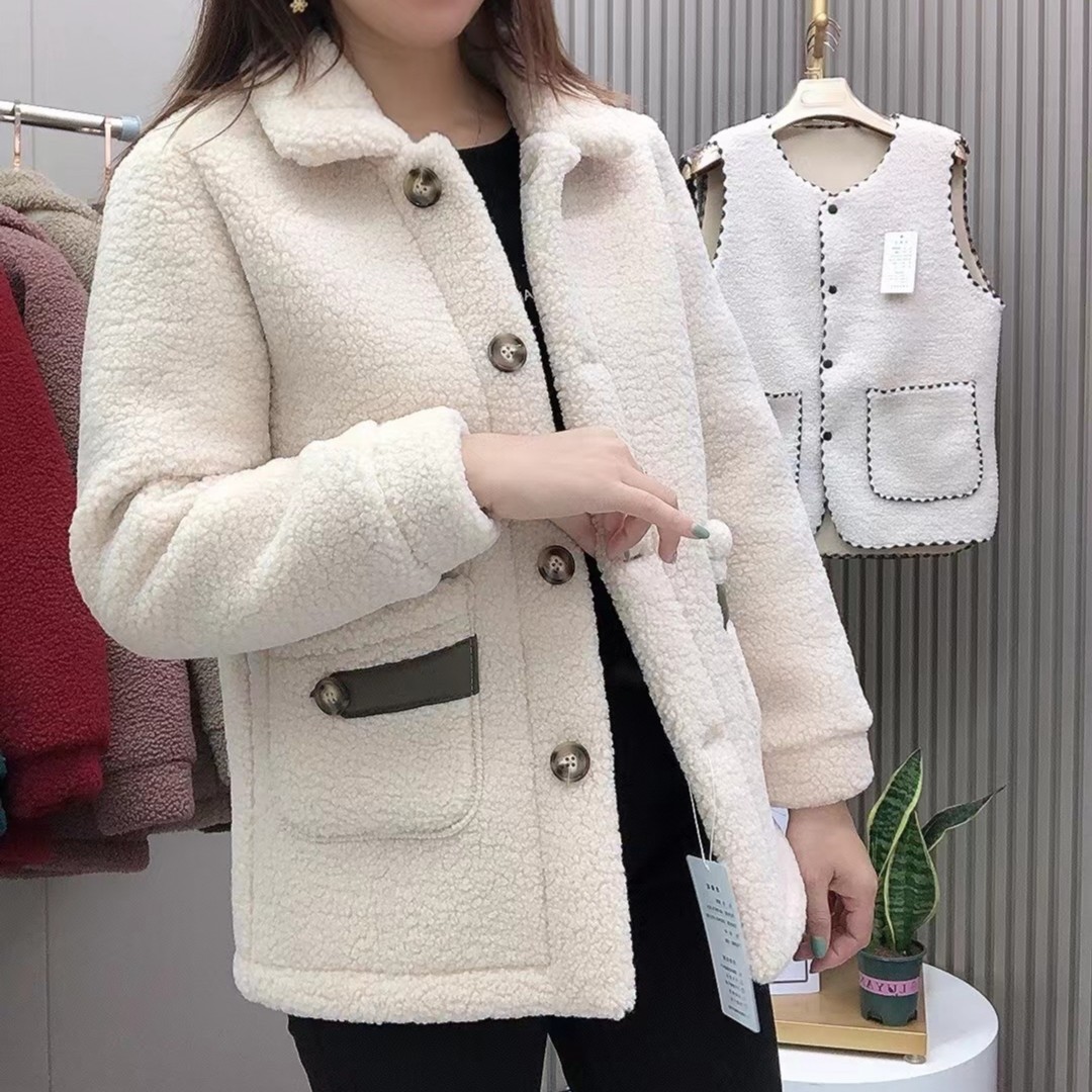 2025秋冬新款仿羊羔毛羊羔绒颗粒外套加绒加厚口袋皮带妈妈装常规