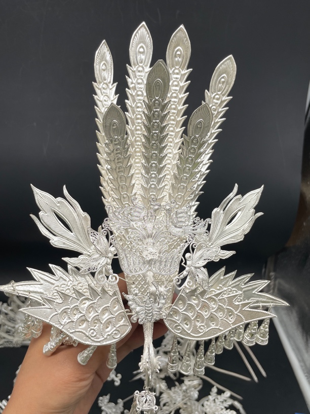 足银银制品 足银凤凰 大号苗族银饰凤凰 喇叭流苏发饰