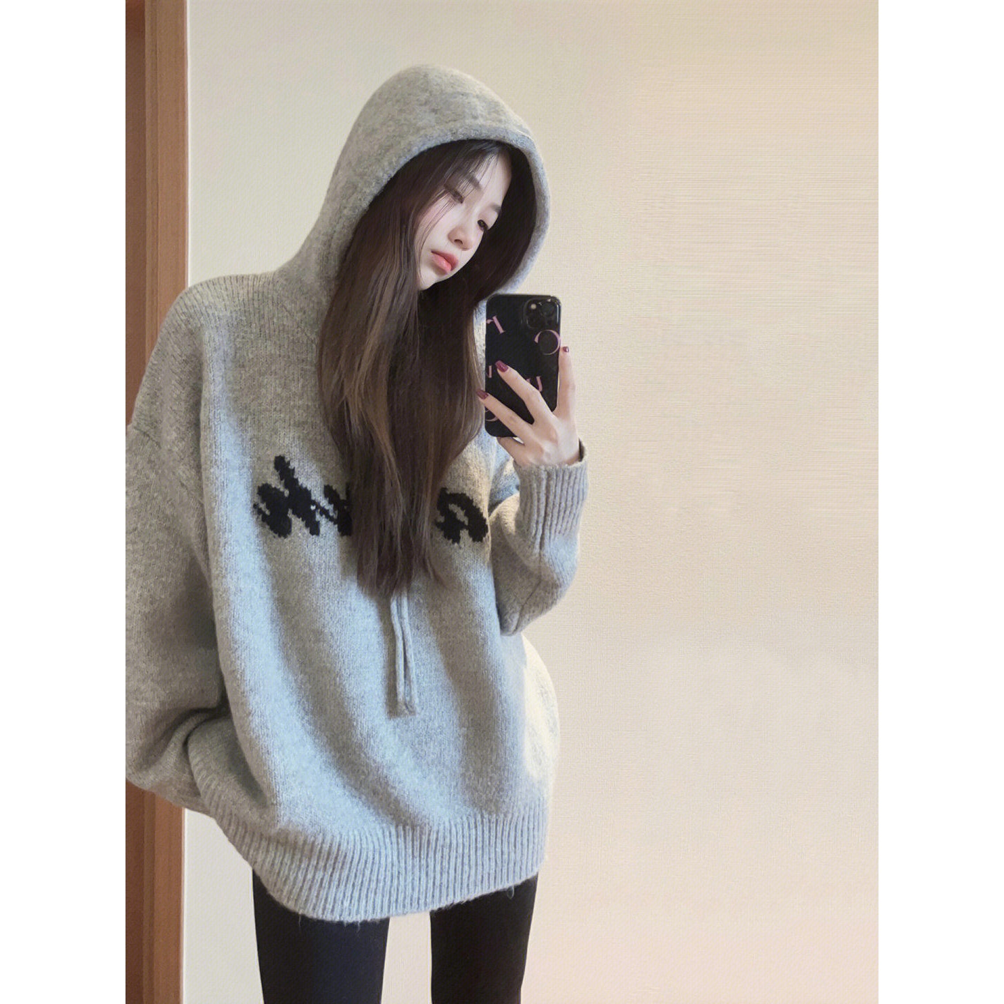 复古软糯慵懒风灰色连帽卫衣毛衣女秋冬新款内搭打底衫针织衫上衣