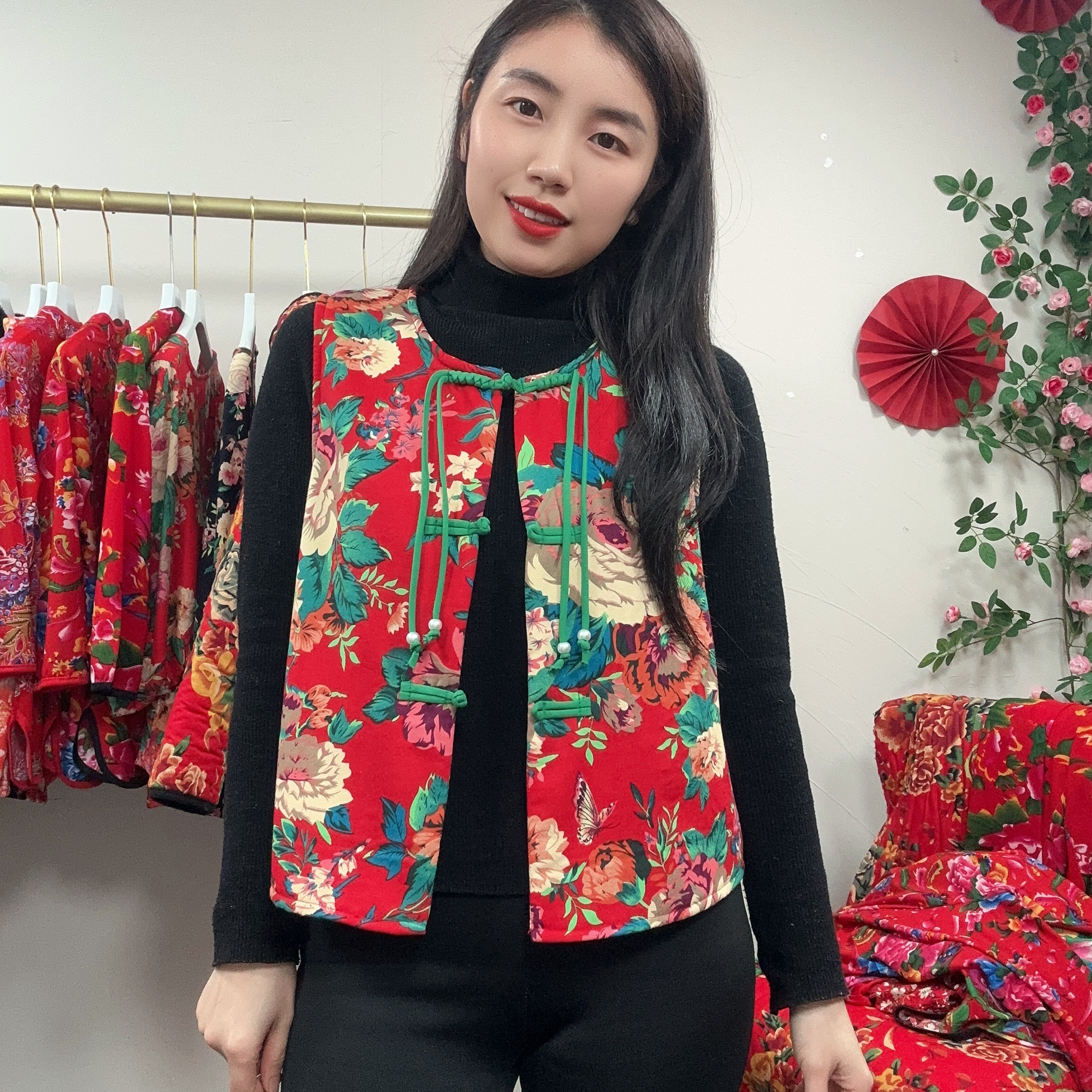 春新款东北大花国风款加绒背心网红洋气新中式女士马甲