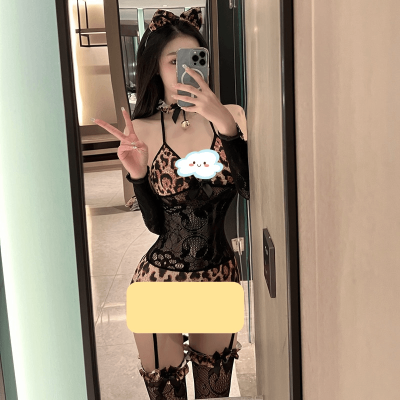 趣味蕾丝性感COS诱惑猫女郎连体豹纹挑逗包臀裙