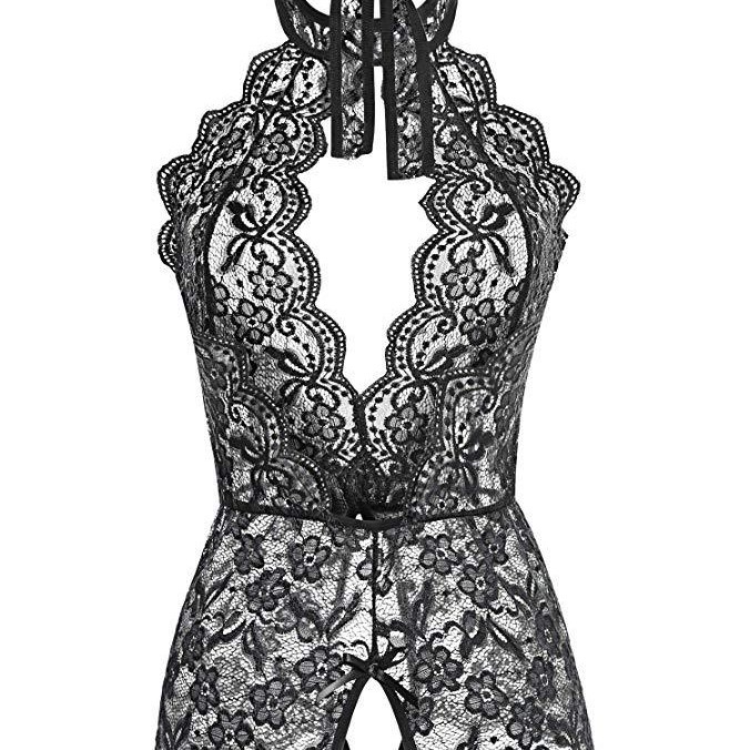 欧美新款蕾丝镂空印花挂脖套装睡衣