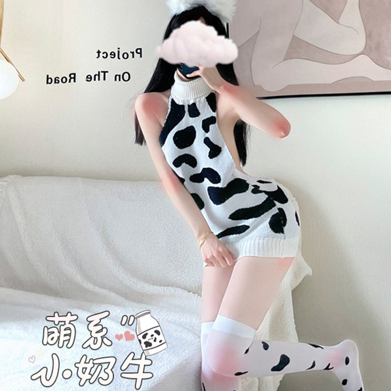 奶牛少女斑点毛线衣诱惑小性感睡衣家居服甜美黑白纯欲套装辣妹