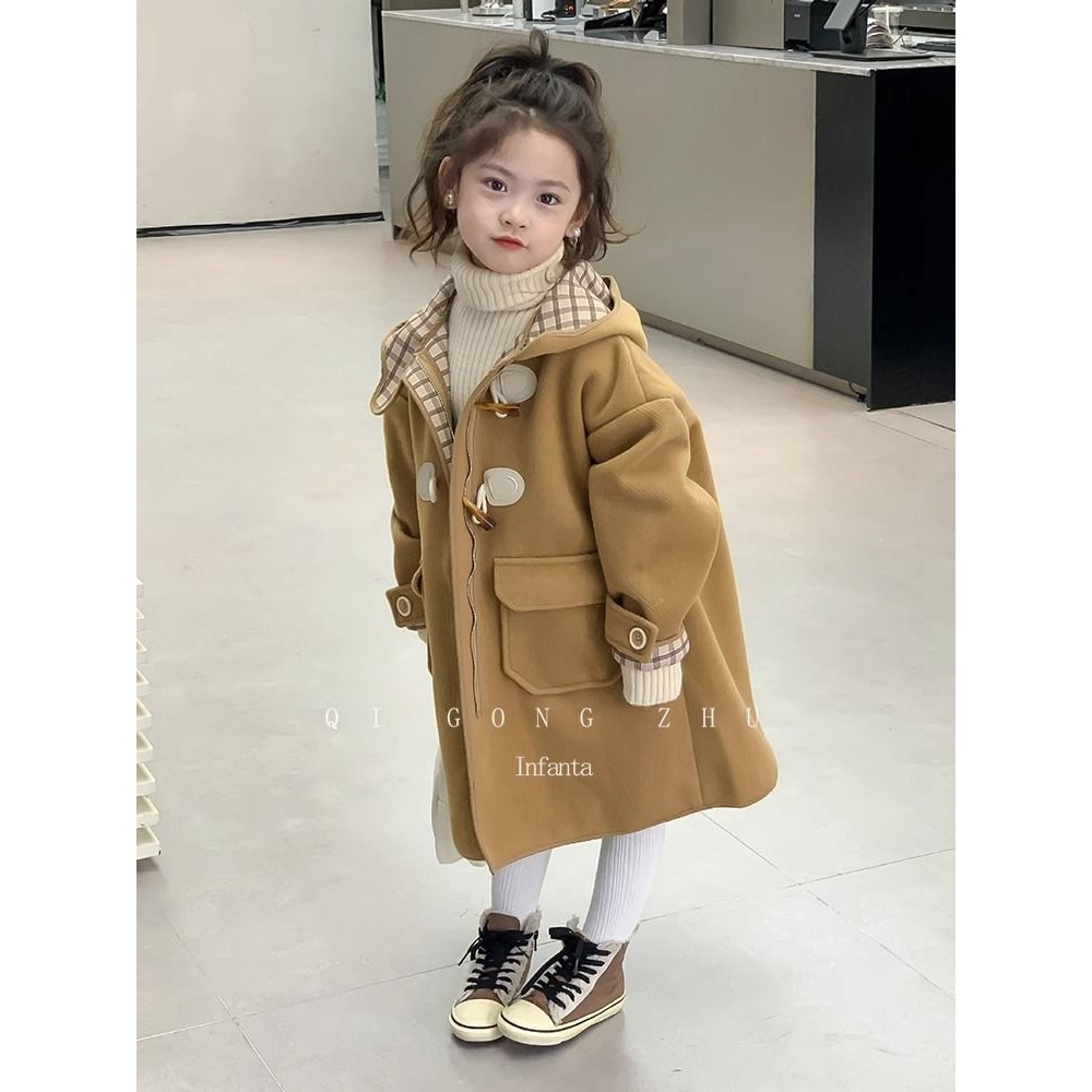宝宝中长款风衣大童2024新款洋气时尚儿童加厚连帽毛呢大衣外套潮