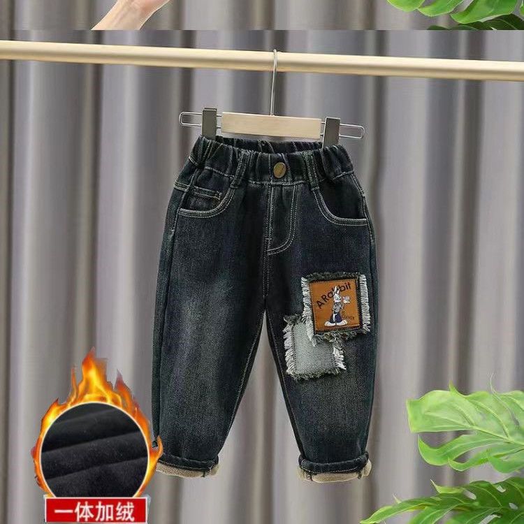 儿童加绒牛仔裤子洋气一体绒婴加厚装外穿男童女小童保暖宝宝长裤