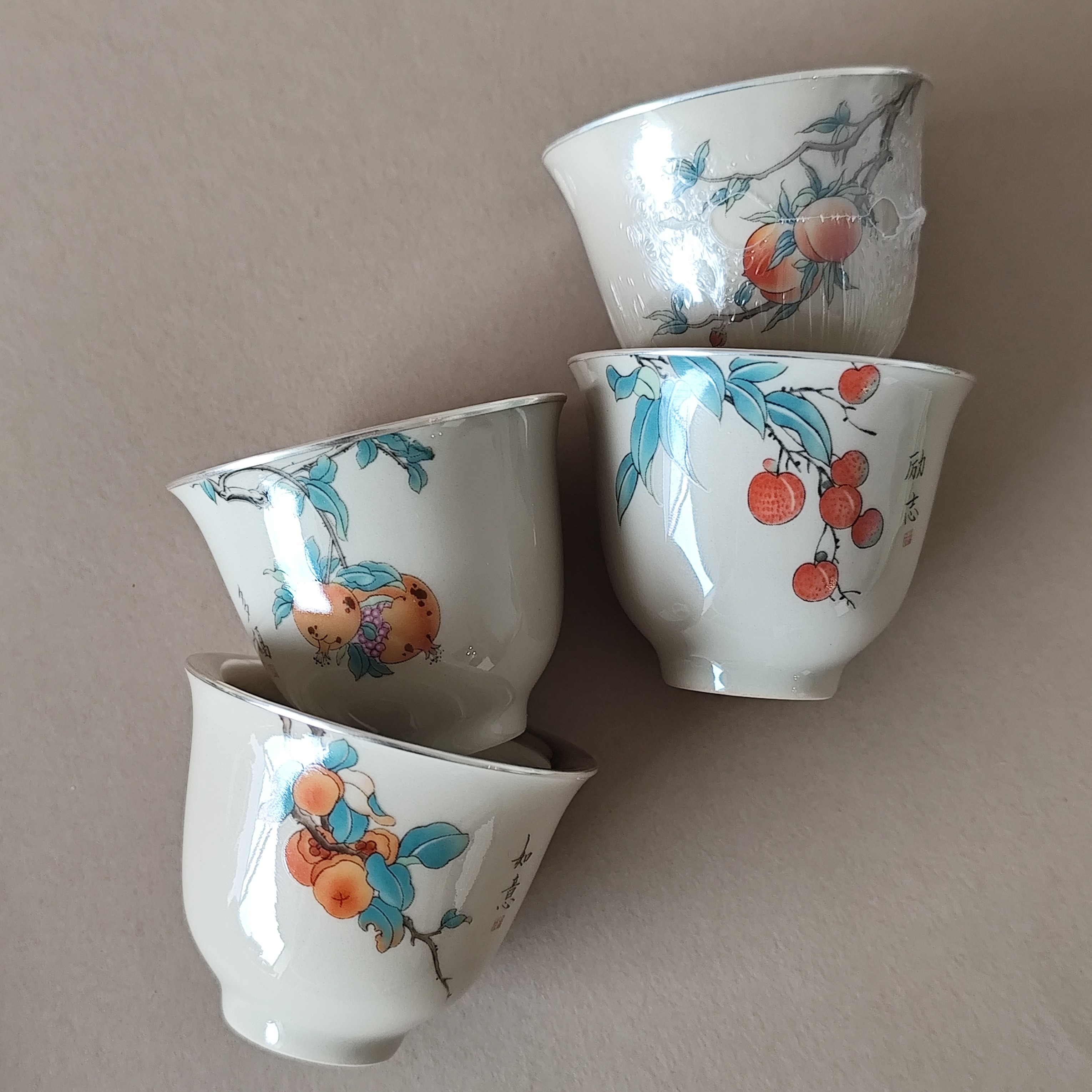 纯银时代芳华如意陶瓷瓷包银品杯70ml高级茶具家用纯手工包银茶杯