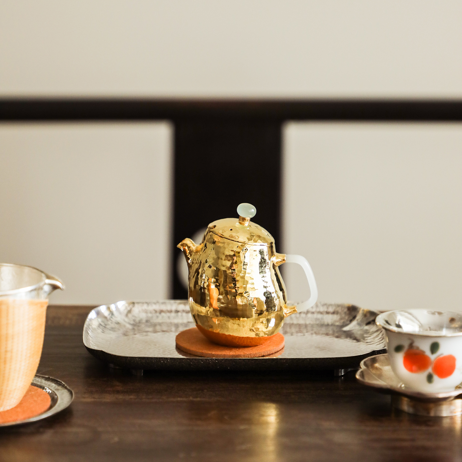 纯银时代 傲娇鎏金泡茶壶足银999纯手工一张打玉把精致送礼150ml