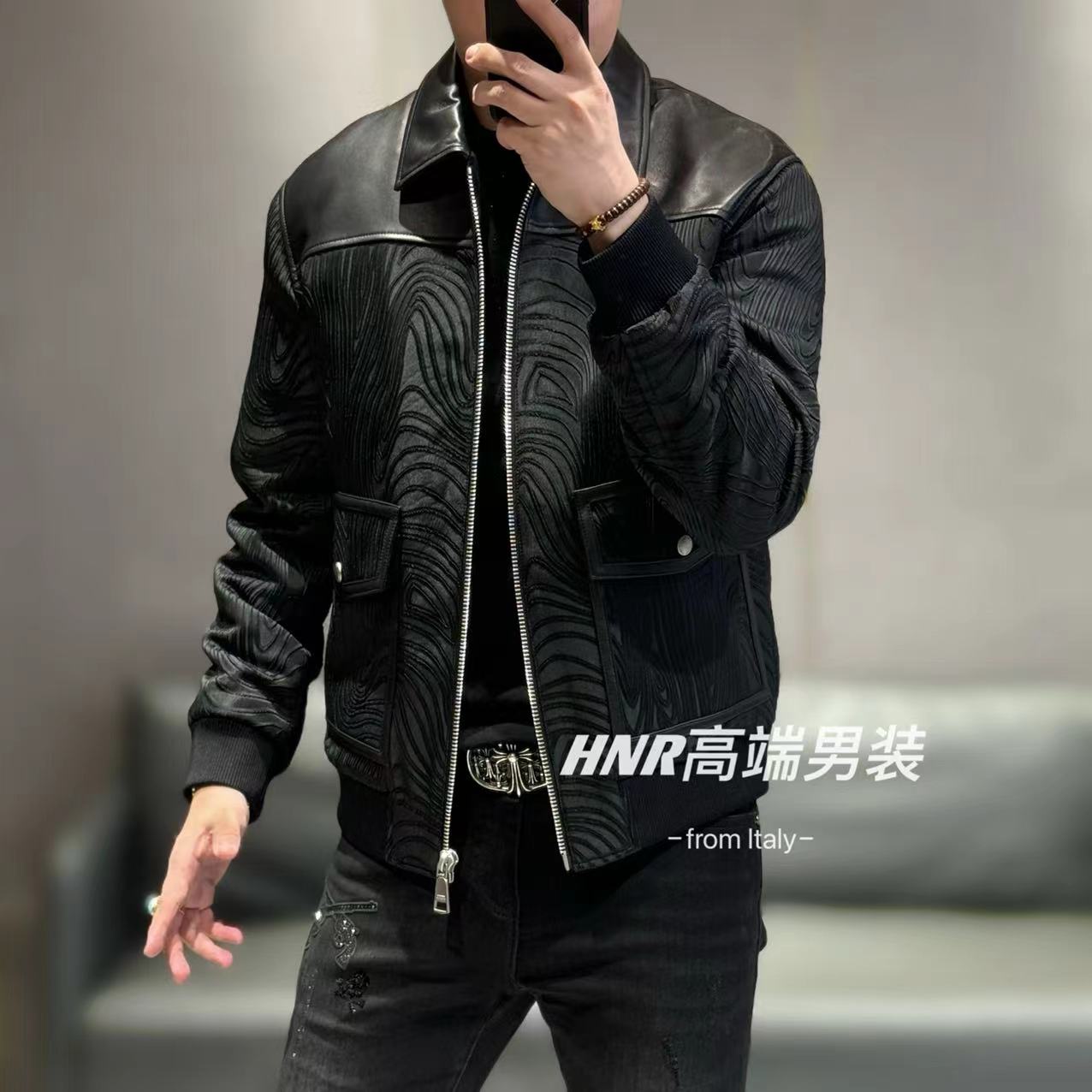 【乔治雷迪尼品牌】绵羊皮拼接立体水波纹新款男士夹克237