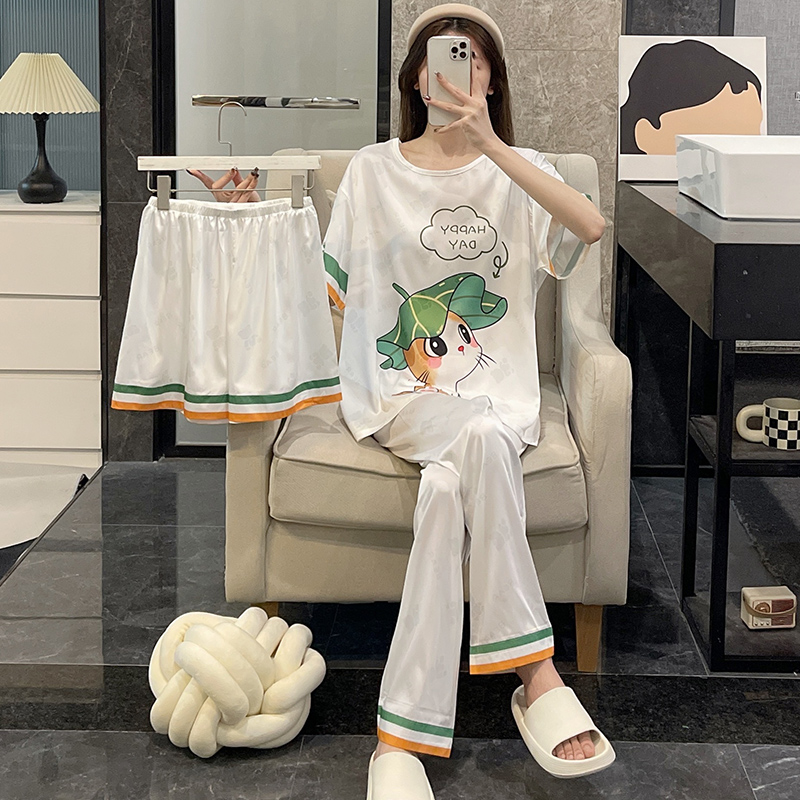 冰丝睡衣女夏季薄款短袖丝滑大码三件套装可外穿网红风春秋家居服
