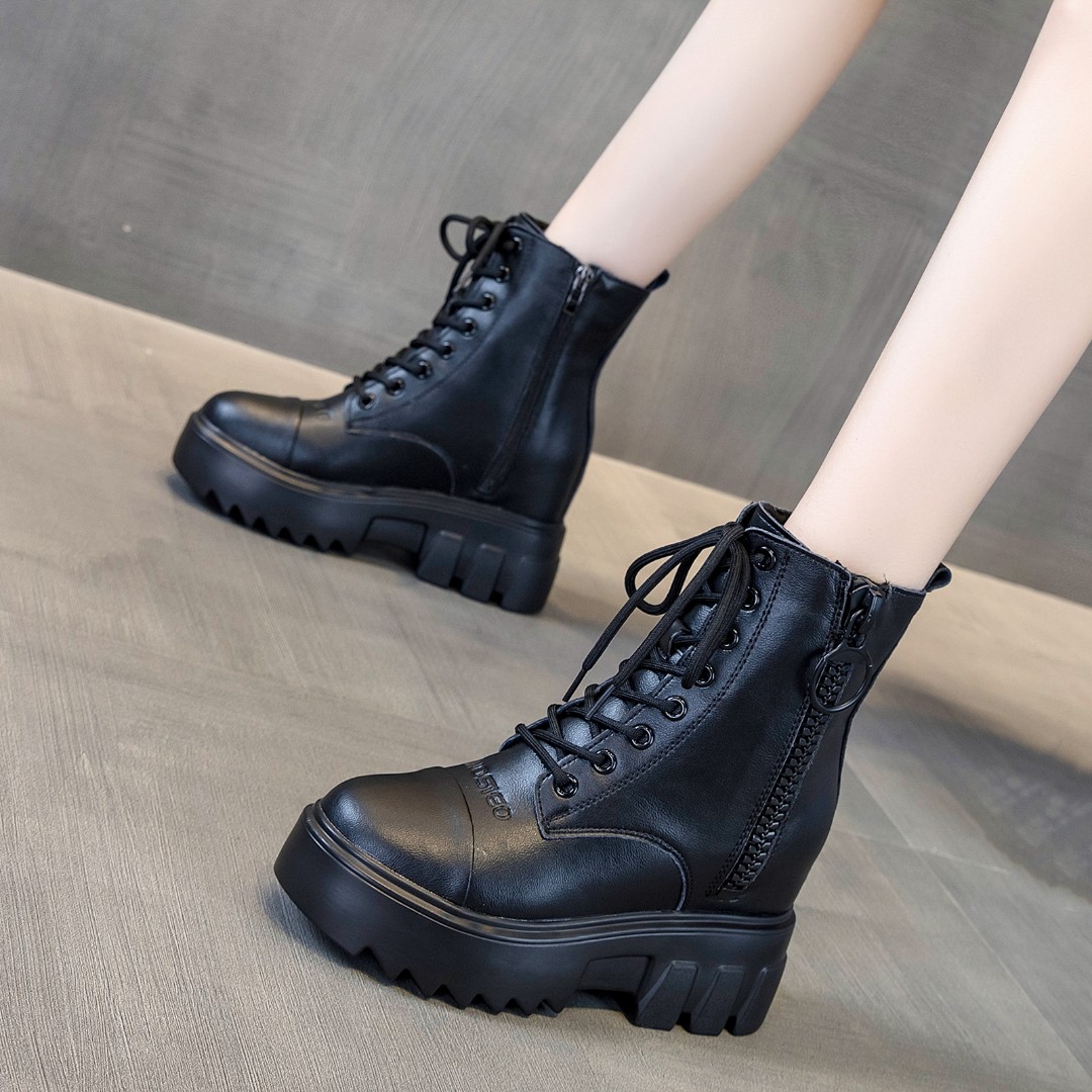 红蜻蜓牌增高9公分头层牛皮马丁靴内增高女靴2023秋冬加绒保暖厚