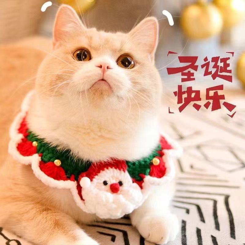 新年猫咪口水巾编织秋冬围脖狗狗麋鹿围嘴项圈宠物铃铛围巾纯手工