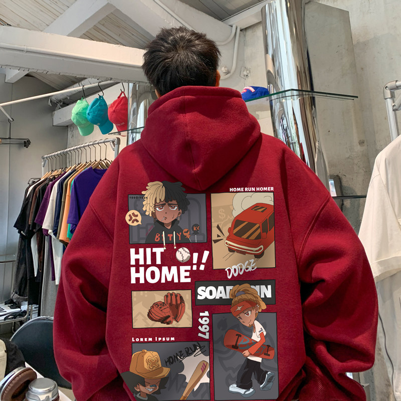 连帽酒红色卫衣男款秋季美式痞帅oversize上衣服重磅潮牌宽松外套