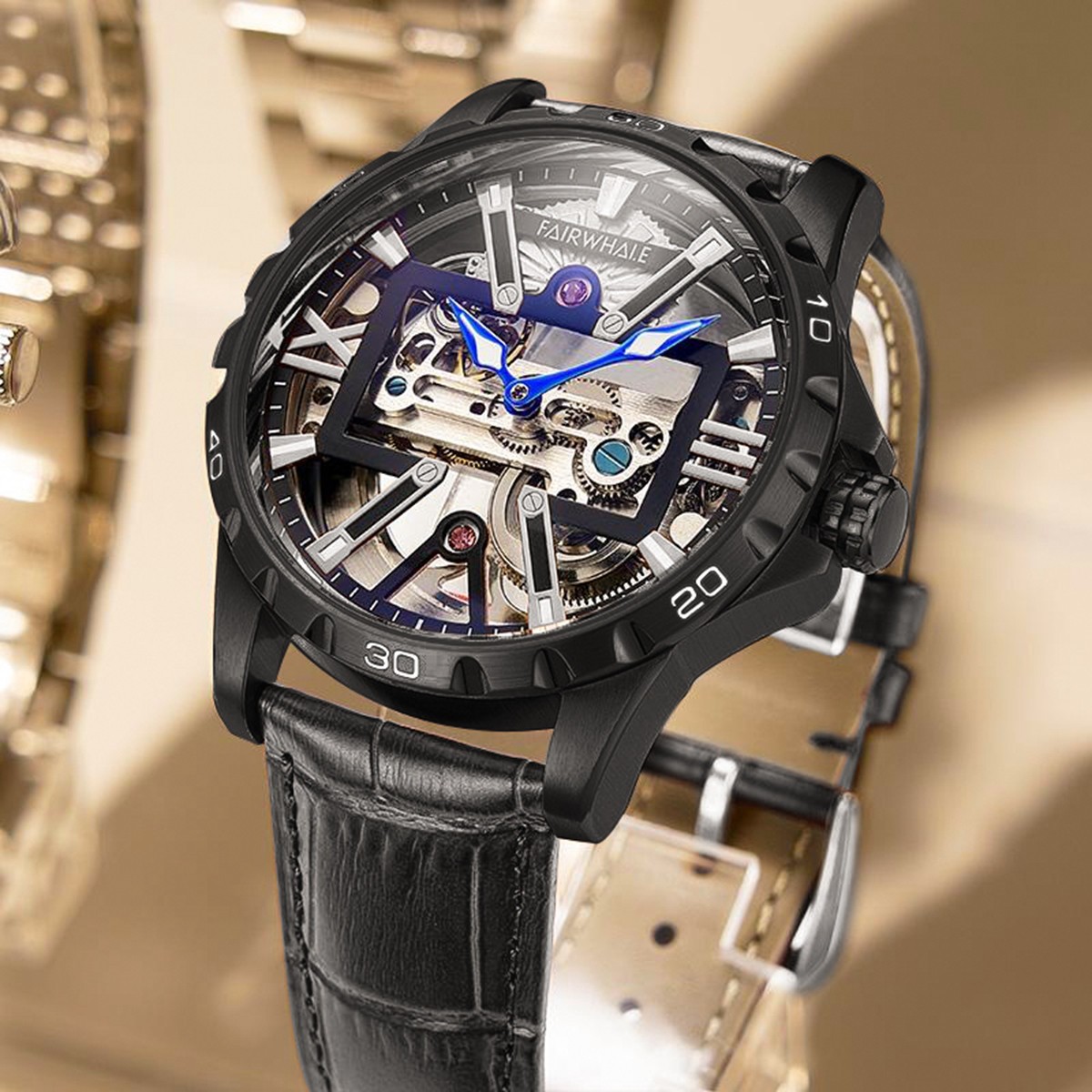 【高级礼盒装】马克华菲赛车高端黑武士帅气镂空自动机械表男款6110