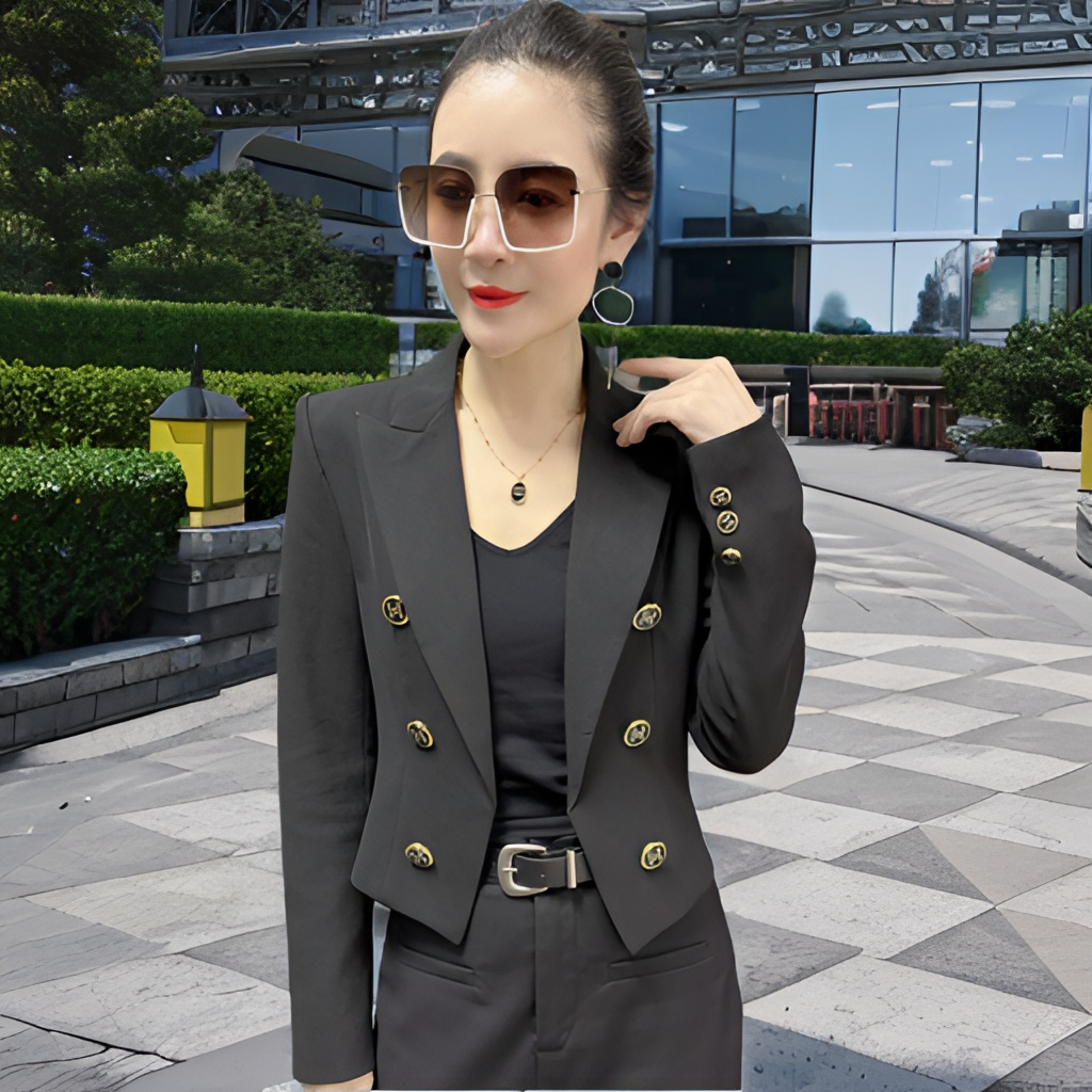 小如<SR>欧货春秋新款时尚双排扣修身长袖西装外套洋气显瘦气质