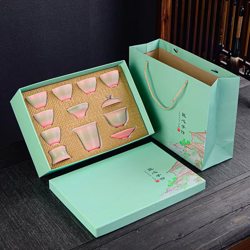 A 51粉色绿色渐变色茶具家用陶瓷创意茶具手工茶碗三才简约