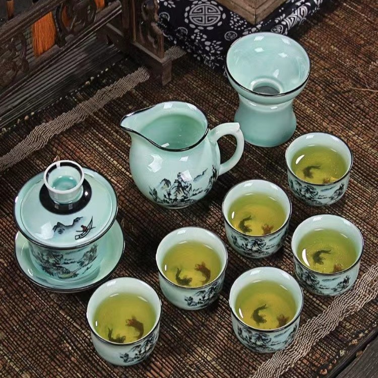 A 33山水人家茶具陶瓷家用整套装手工三才瓷盖碗