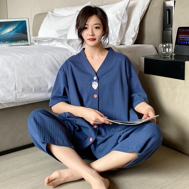 夏季大码睡衣女纯棉家居服套装甜美薄款印花睡衣短袖七分裤两件套