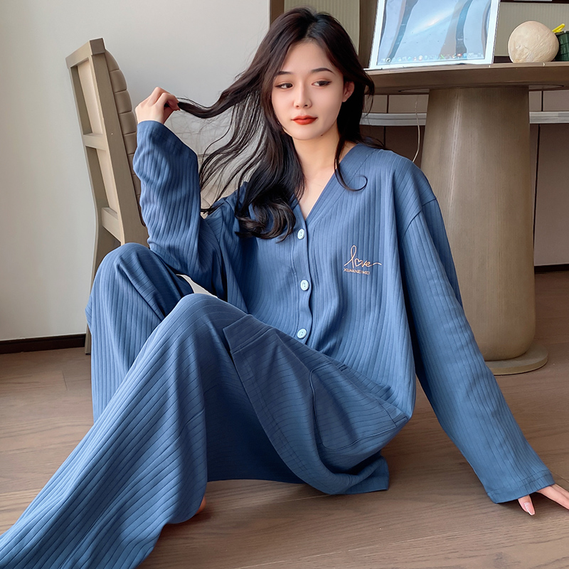春秋女士薄款长袖睡衣大码套装卡通家居服长袖长裤两件套棉质开衫
