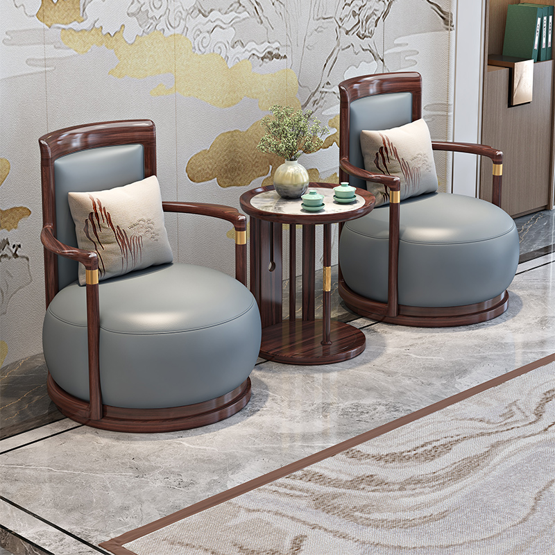 【新】乌金木实木休闲组合三件套真皮单人沙发椅家用高端家具W8806