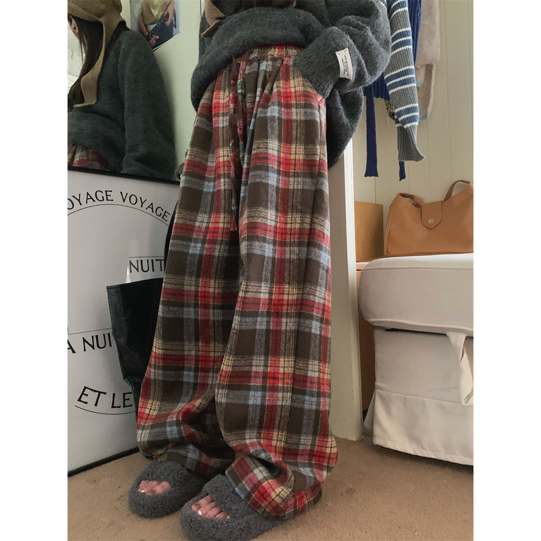 加厚痞帅格子裤冬韩版百搭休闲格纹休闲裤子女冬呢料阔腿长裤