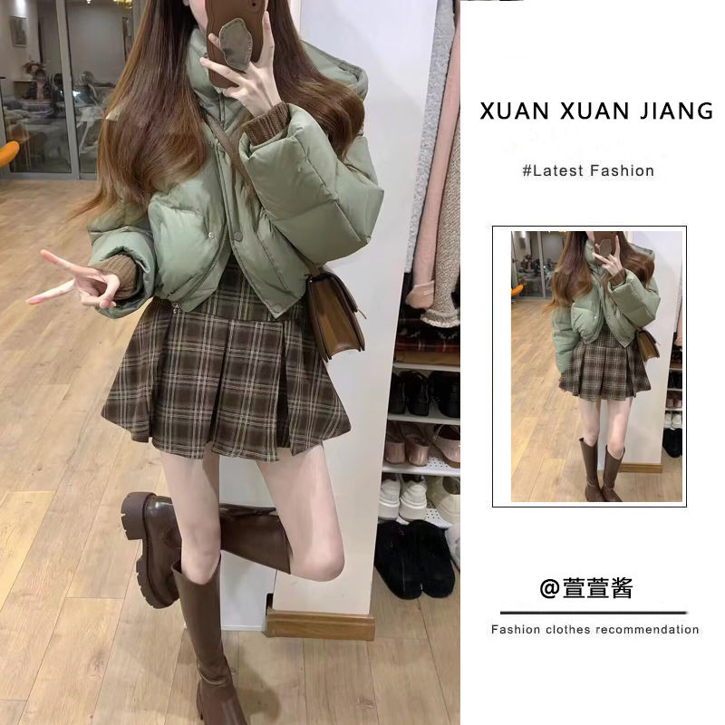 套装女冬季新款甜辣风韩系短款面包服棉衣外套高腰显瘦半身裙