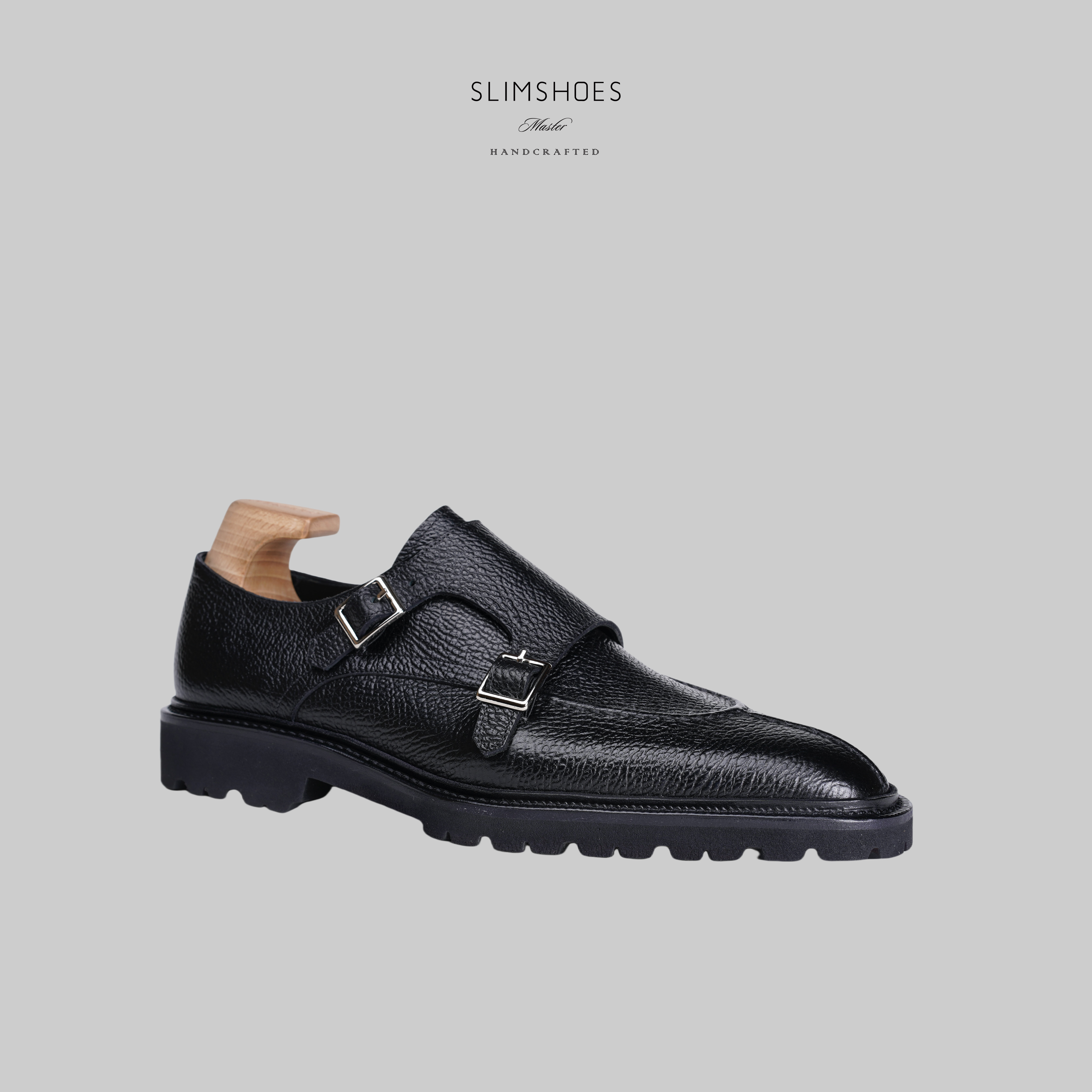 SLIMSHOES时另休闲商务英伦时尚黑色厚底舒适百搭双扣孟克鞋男士