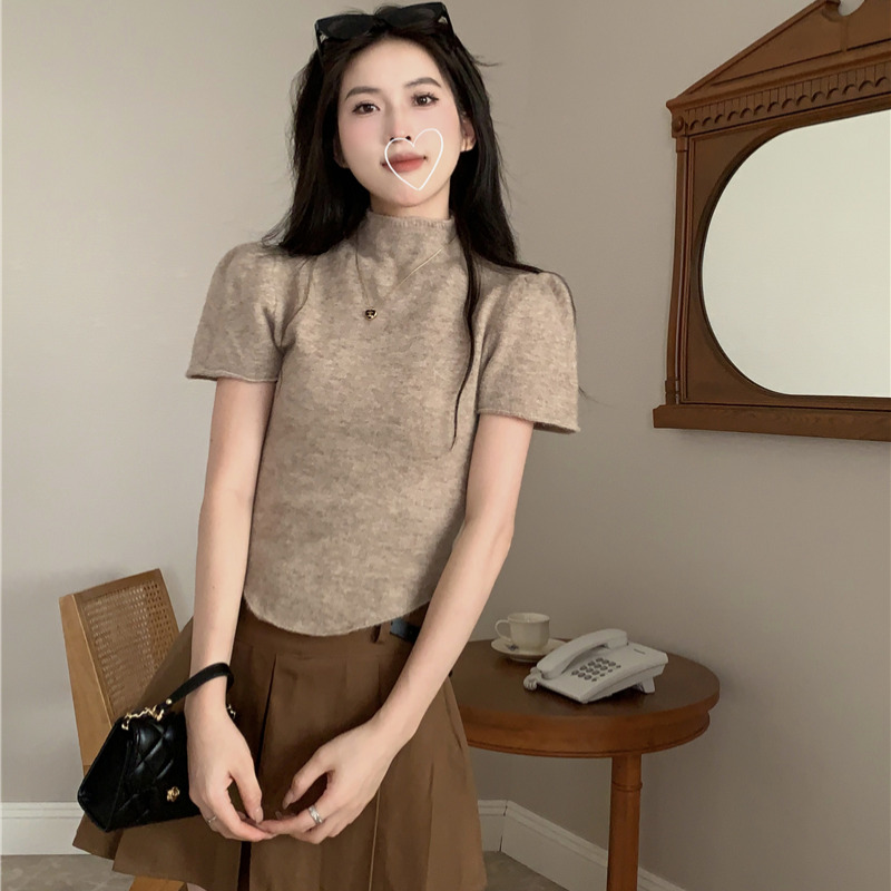 气质半高领打底衫泡泡袖针织衫女夏2025新款短款内搭毛衣短袖上衣