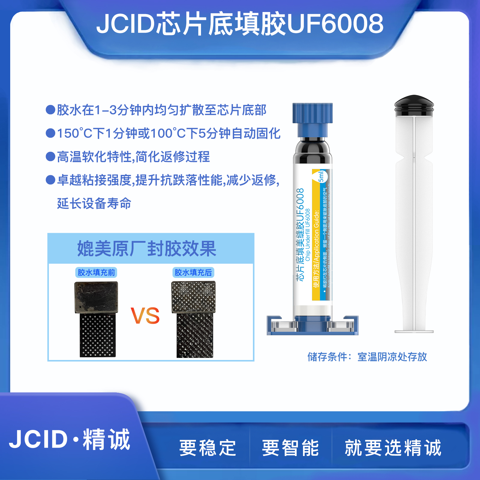 JCID精诚芯片底填胶UF6008封装硬盘CPU封胶手机维修屏幕ic美缝胶