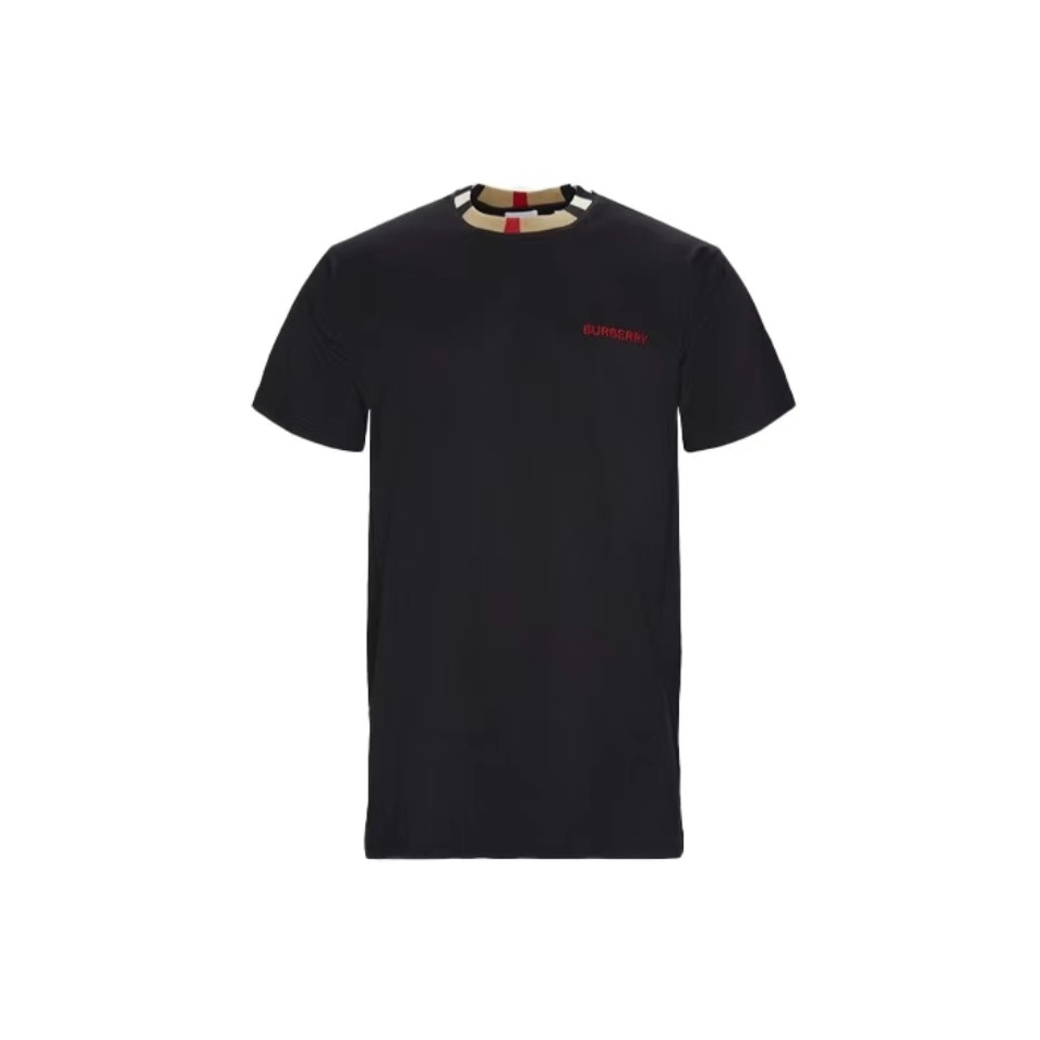 BURBERRY/博柏利经典休闲显瘦百搭刺绣logo格纹领口黑色短袖T恤