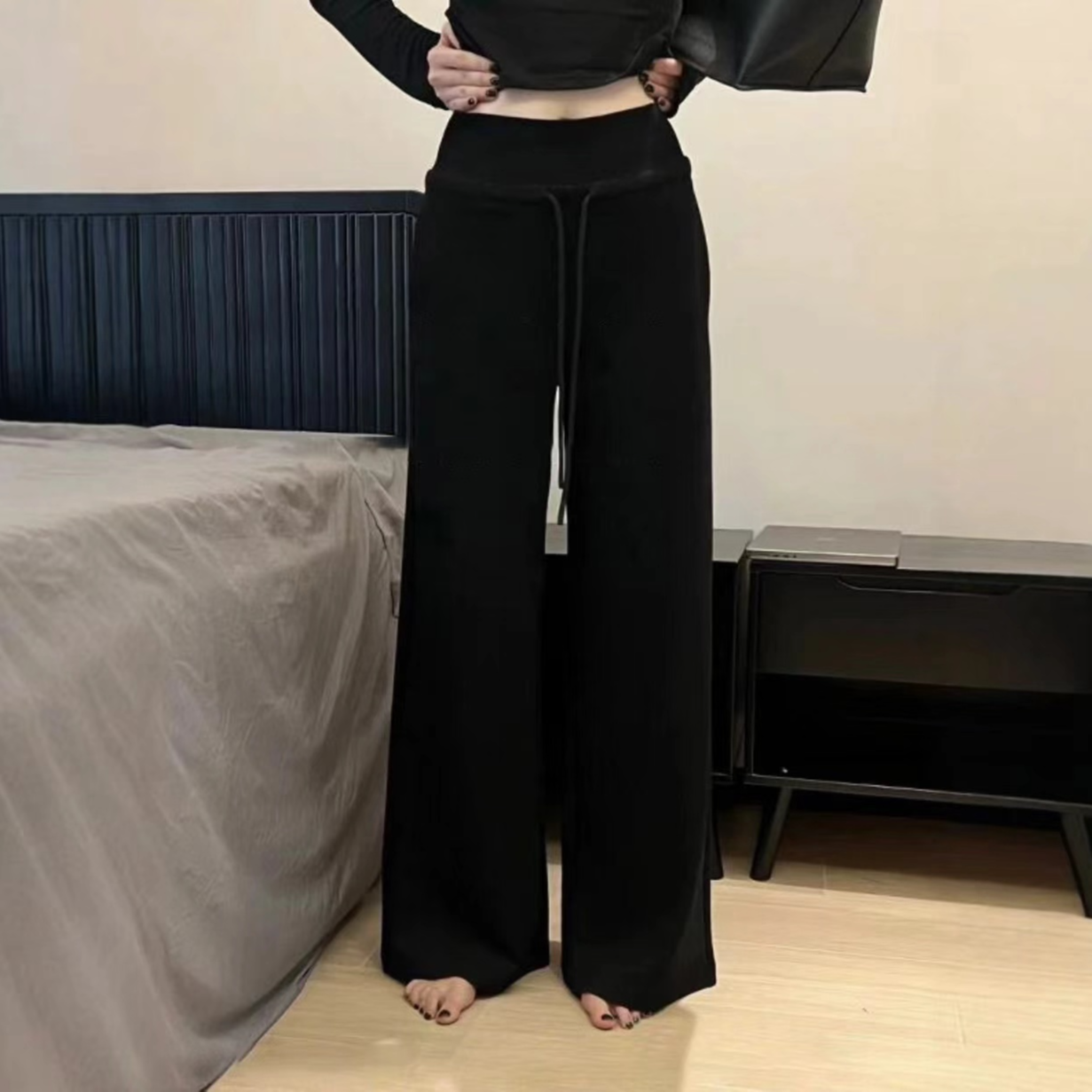 新款高腰慵懒松弛感卫裤抽绳休闲拖地加绒直筒长裤女