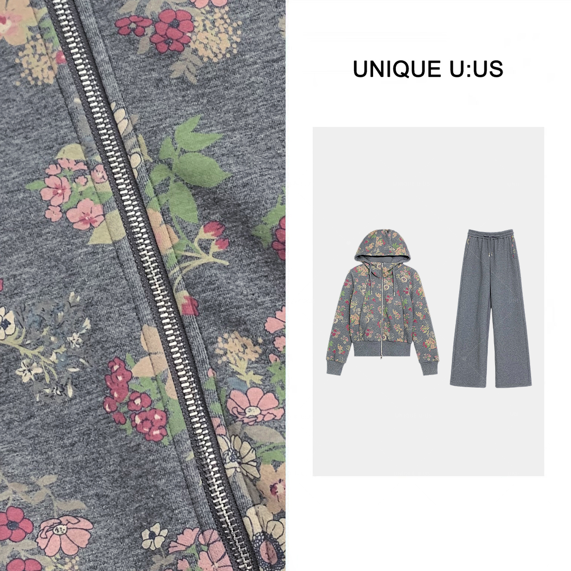 UNIQUE U:US【Tang】塞纳花房休闲秋季时尚加绒女装套装-2410383