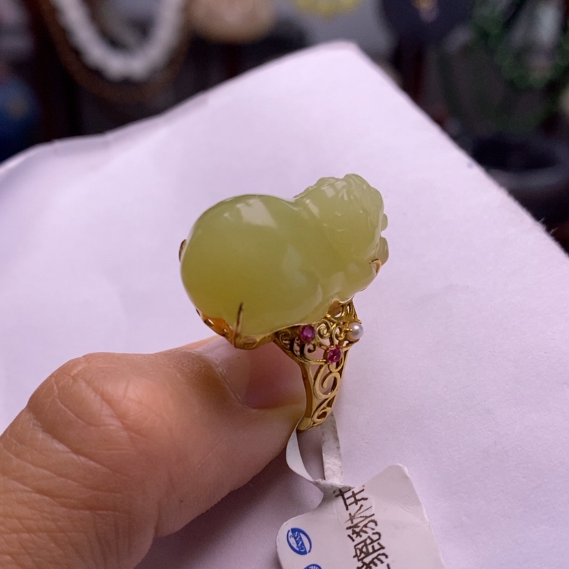 【闪购商品】和田玉18k黄口料鸡油黄貔貅戒指未镶嵌用***线