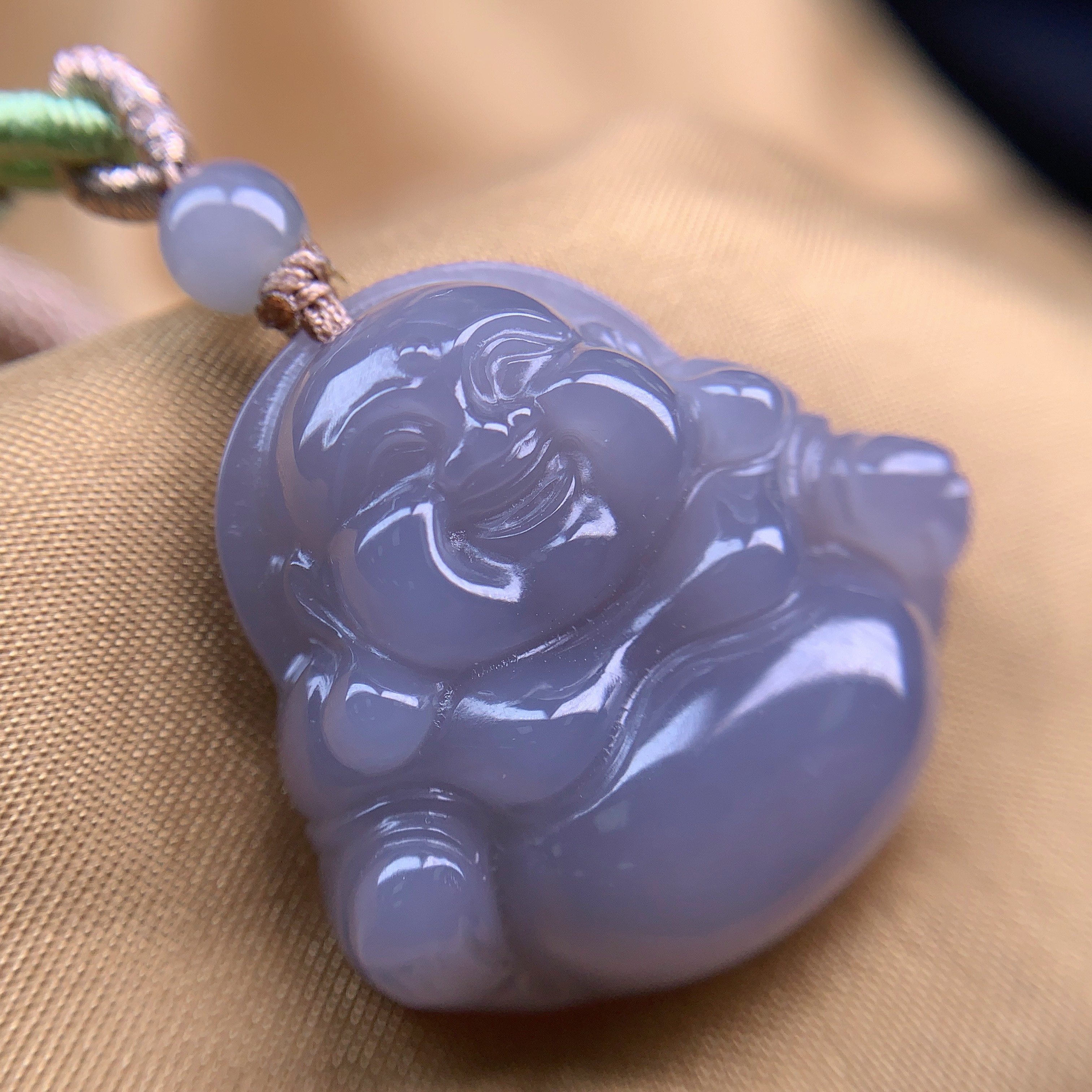 天然和田玉青海料老料烟紫胖胖佛公大肚佛吊坠挂件女精品@4084