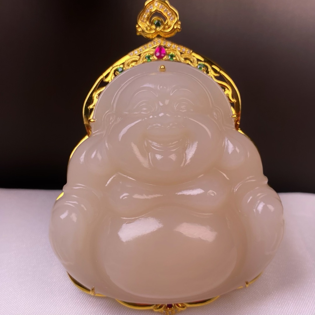 天然和田玉野牛沟浓藕粉镯心料大佛公18K金吊坠精品收藏@2711